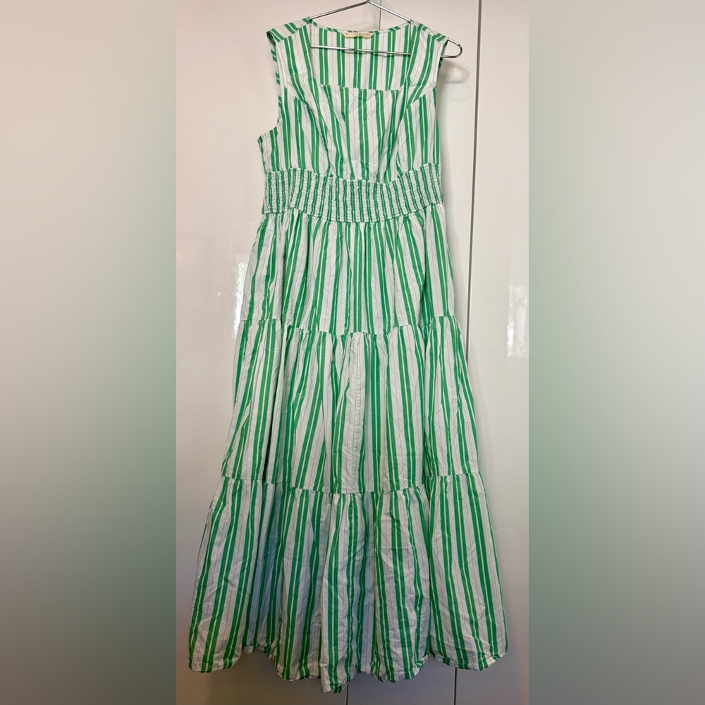 eShakti Green and White Striped Maxi with Bucket Neckline